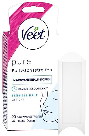 Veet PURE Kaltwachsstreifen – Geeignet für sensible Haut – Anwendung für Gesicht – Bis zu 28 Tage glatte Haut - 10 Doppelstreifen = 20 Einzelstreifen
