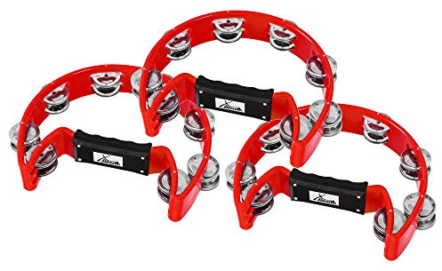 3er Set XDrum Hand Tambourin Halbmond Form (Tambourine, 16 Paar verchromte Stahl-Schellen, Kunststoff) rot