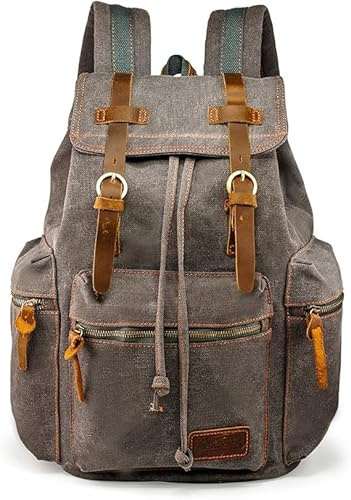 GEARONIC 21 L vintage kanvas ryggsäck läderryggsäck ryggsäck 38 cm bärbar dator tygväska skolväska college axel vandringsväska, Grått, L, Ryggsäck Ryggsäckar