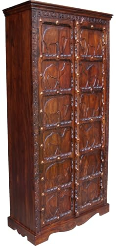 Schrank, Kleiderschrank, Massivholz, Kolonialstil, handgefertigt, Modell 7 | Handgearbeiteter Schrank aus gewachstem Akazienholz, mit Schnitzereien, stilvolle Akzente, langlebige Qualität.