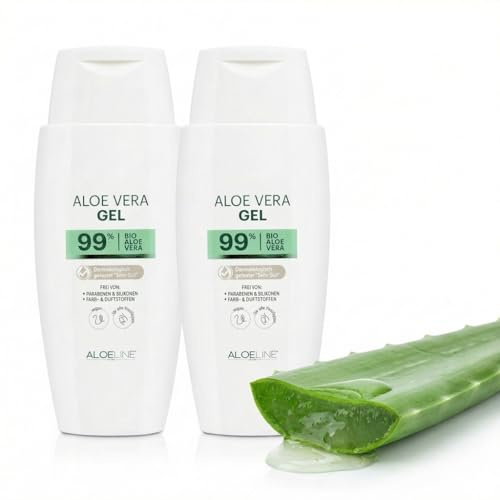 ALOE Line Bio Aloe Vera Gel 99%, vegan, After-Sun-Pflege für Haut und Haar, 2 x 150 ml, feuchtigkeitsspendend, beruhigend, regenerierend, ohne Duft- und Farbstoffe, für empfindliche Haut