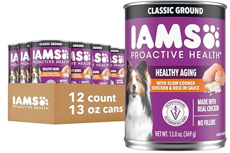 IAMS Proactive Health Senior Wet Dog Food, Classic Ground Dog Wet Food, Slow Cooked Chicken and Rice, 13 oz. Cans (Pack of 12)