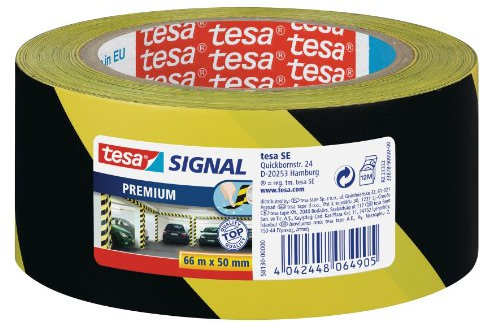 tesa Signal Markierungsklebeband PREMIUM - selbstklebendes Warnband zur permanenten Markierung und Kennzeichnung von Gefahrenzonen - aus robustem PVC - 66 m x 50 mm - Schwarz/Gelb