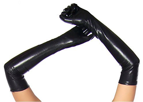 krautwear® Damen Lange Glänzende Wet Look Leder-Optik Handschuhe Abendhandschuhe ca. 53 cm lang (schwarz)