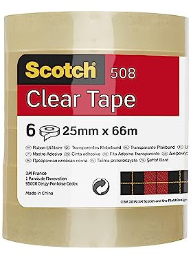 Scotch Clear Tape, Pack of 6 Rolls, 25 mm x 66 m - Strong and Sticky Tape for General Purpose Wrapping, Sealing and Mending, packaging may vary