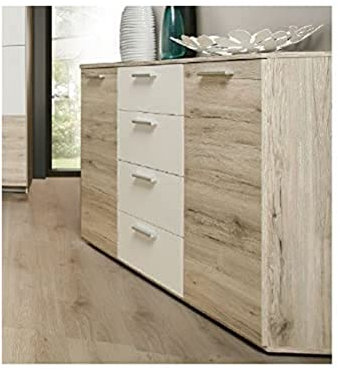 FORTE Beach Kommode mit 2 Türen und 4 Schubladen, Holzwerkstoff, Sandeiche / Weiß, 48 x 91,3 x 129,6 cm