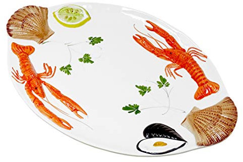 Lashuma Piatto da Portata Ovale Fatto a Mano in Ceramica Italiana a Forma di Frutti di Mare, Grande Piatto da Portata 50 x 32 cm