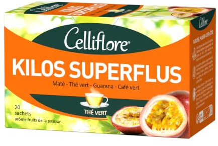CELLIFLORE Thé Vert Kilos Superflus, Maté, Guarana, Café Vert - 20 Sachets | Goût Fruit de la Passion, Draînage, Oxydation des Graisses, Stimule de Métabolisme, Anti-Fatigue, Contrôle Poids