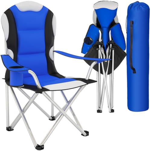 tectake® Sedia da Campeggio Pieghevole, Comoda Imbottitura, Sedia Relax con Tessuto a Rete per Ventilazione, Bracciolo con Porta Bevande Incorporato, Pratica Borsa Inclusa - Blu