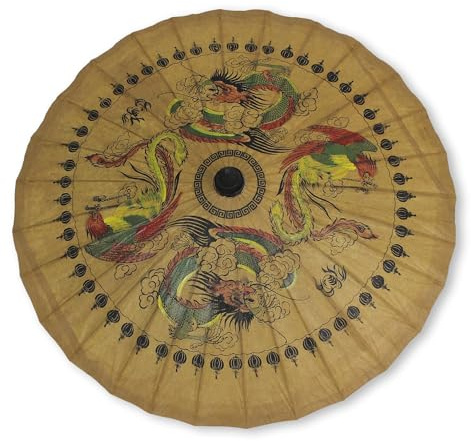 NOVICA Artisan Handmade Paper Parasol Bamboo Thailand Decor Accessories Home Accents Upcycled Animal Themed Nature East Meets West Friendly Birddragonpeacock [open 28.5in H x 37in Diam. Closed 28.5in]