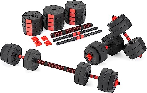 Gymtek Hanteln Set 2in1 Kurzhanteln und Langhantel, Hanteln Verstellbar, Gewicht Krafttraining Zuhause, Kurzhanteln 2er Set und Langhantelstange, Gewichte Hantel, Home Gym, Sport (Red 2 x 10 kg)