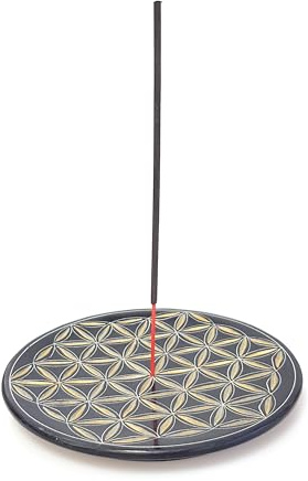 Räucherstäbchenhalter Blume des Lebens Ø10 cm rund, Speckstein schwarz Gold, Stäbchenhalter Räucherhalter Räucherzubehör