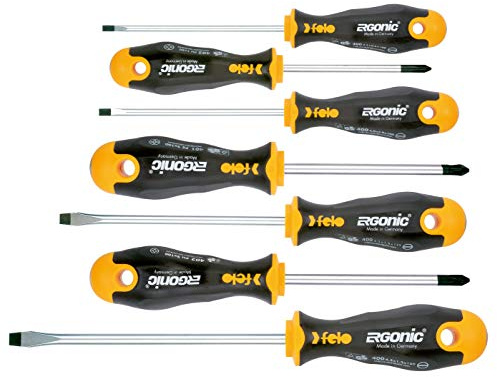 Felo 7-Piece Ergonic Screwdriver Set, Includes Hex and Cross Slot Screwdrivers, Shock-proof Core, High-performance, Model 00040097118
