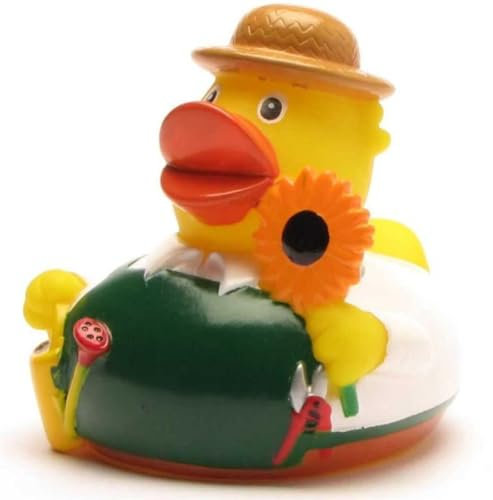 Duckshop I Badeente Gärtner I Quietscheente Gartenfreund I L: 7,5 cm I inkl. Quietscheentchen-Schlüsselanhänger im Set I Geschenk Gartenfreunde I Präsent Sammler