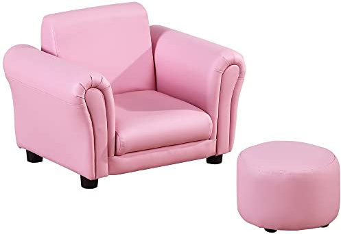 HOMCOM Children's Armchairs Toddler Chair Sofa Single Seater Childrens Armrest w/Footstool - Pink