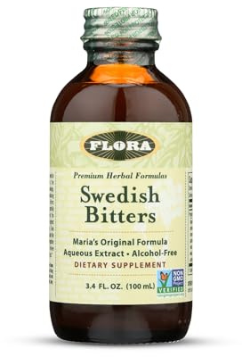 Flora - Swedish Bitters for Digestion, Alcohol-Free Bitters Help Bloating & Digestion, Maria's Original Formula Aqueous Extract, Vegan, Kosher, Non GMO, 3.4-fl. oz. Glass Bottle