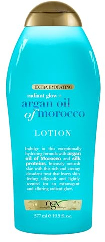 OGX Radiant Glow + Argan Oil of Morocco Extra Hydrating Body Lotion for Dry Skin, Nourishing Creamy Body & Hand Cream for Silky Soft Skin, Paraben-Free, Sulfated-Surfactants Free, 19.5 fl oz