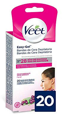Veet Bandas de Cera Fria Depilatoria para Depilación Facial con Manteca de Karité y Bayas de Açaí, Easy Gelwax, Pieles Normales, 20 Bandas