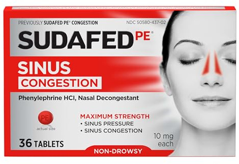 Sudafed PE Sinus Congestion Relief Tablets, Maximum Strength, Non-Drowsy, 10 mg Phenylephrine HCI Nasal Decongestant for Sinus Pressure and Congestion Due to Cold or Allergies, 36 ct