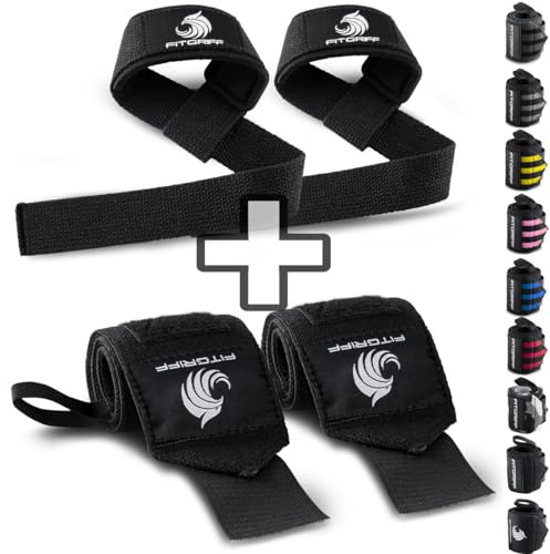Fitgriff® Sangle de Tirage + Bande Poignet Musculation (1 Lot) - Accessoires pour Fitness, Gym et Haltérophilie (Black Original)