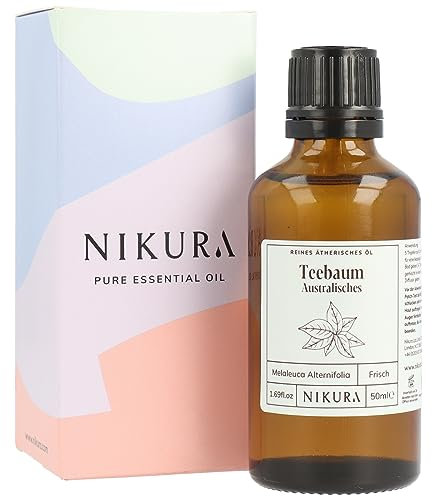 Nikura Teebaumöl (Australisches) - 50ml | Ätherisches Öl | perfekt für Haare, Haut, Kopfhaut, Nägel, Körper, Aromatherapie, Diffusoren, Ölbrenner | 100% reines natürliches Öl