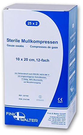 Fink & Walter Mullkompressen steril 10x20cm, 12-fach, VM 17 DIN 14079 BW, 50 Stück