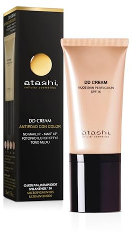 Atashi DD Cream Antiedad SPF 15 – Crema Hidratante Antiarrugas con Color | 8 en 1 | Efecto Buena Cara con Retinol | Hidrata y Unifica Visiblemente el Tono | Tono Medium Nude | 50 ml