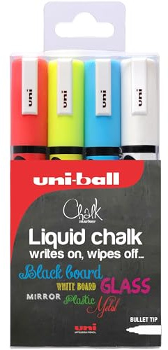 Uni-Ball PWE-5M Liquid Chalk Marker Pens. Multi-Purpose Wipeable Coloured Markers for Blackboards, Chalkboards, Whiteboards, Glass, Mirrors, Plastic, Windows, Metal. Non-Toxic. Bullet Tip. Pack Of 4