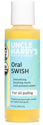 Uncle Harry's Certified Organic Oral Swish for Ayurvedic Oil Pulling | Sesame Oil, Oregano, & Clove | Whitening Mouthwash Treatment for Healthy Teeth & Gums (4 oz)