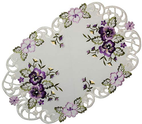 Quinnyshop Lila Stiefmütterchen Stickerei Tischläufer 30 x 45 cm Oval Polyester, Weiß