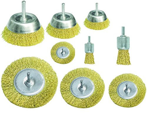Proteco-Werkzeug® Set 9 tlg Drahtbürste Drahtbürsten mit Einspannschaft 6 mm für Bohrmaschine Topfbürste Rundbürste Pinselbürste, vermessingter Stahldraht