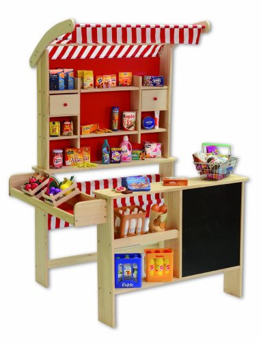 tanner DER KLEINE KAUFMANN TANNER Deco - Großer Marktstand, mit 40 Teiligem Set, Zubehör für Kaufmannsladen, lebensmittelechtes Design, 0340.6