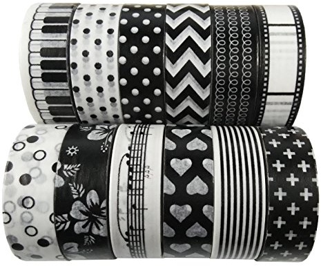 aufodara 12er Washi Tape Set Schwarz Weiß Mustern Klebeband Papier DIY Deko Basteln Scrapbooking