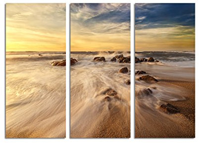 Paul Sinus Art 130x90cm – Keilrahmenbild wunderschöner Strand Steine Sonnenuntergang 3teiliges Wandbild auf Leinwand und Keilrahmen - Fotobild Kunstdruck Artprint