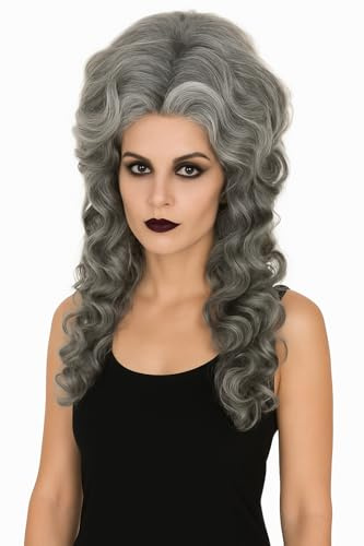 Gruselige Lockenperücke Grau für Damen – Langhaar Perücke mit Volumen – Ideal für Halloween, Gothic, Geister-Kostüm – Karneval & Motto-Party