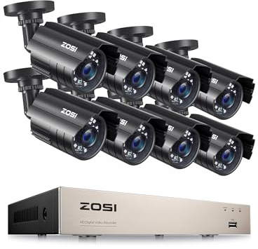 ZOSI 8CH 5MP Lite Security Camera System with AI Human Vehicle Detection, H.265 8 Channel CCTV DVR and 8 x 1080p 1920TVL Surveillance Metal Cameras Indoor Outdoor, Night Vision, Remote Access, No HDD