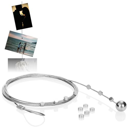 COM-FOUR® Set Photo Wire Rope with 12 Magnets, Approx. 200 cm x 1.2 mm, Made of Metal - Photo Wire with Magnets for Hanging up Photos (01 Pieces)