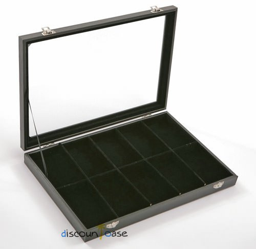 Sinoba Schmucklade Schmuckkasten Schaukasten Glasdeckel | 10 Fächer | Schmuckdisplay mit Glasdeckel und samtigen Fächern. Stapelbar für Ringe, Ohrringe, Ketten und Kleinschmuck