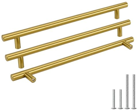 Goldenwarm 10pcs 256mm Brass Wardrobe Door Handles - Golden Stainless Steel Modern Kitchen Door Cabinet Brass T Bar Handles Pull Knob Brushed Brass