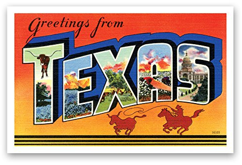 GREETINGS FROM TEXAS vintage reprint postcard set of 20 identical postcards. Large letter US state name post card pack (ca. 1930's-1940's). Made in USA.
