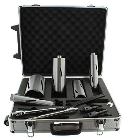 Diamant Bohrkronen Set M16 Trockenbohrbox Nutzlänge 180mm Durchmesser 42, 52, 68, 82, 102mm mit Zentrierbohrer, SDS plus und 6-kant Adapter Betonbohrkrone Kernbohrer