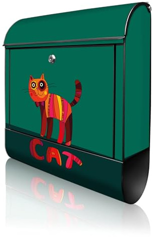 banjado Design Briefkasten 38,5x46,5x13cm & 2 Schlüssel - Briefkasten Stahl Schwarz mit Zeitungsfach pulverbeschichtet - Postkasten A4 Einwurf inkl. Montagematerial - Motiv Orange Katze