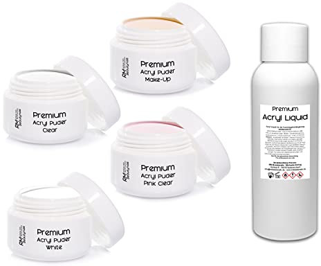 Acryl Puder Set 2 mit 50ml Liquid - 4x 20g Pulver Puder Klar - Weiß - Pink - Make-Up Puder Nagelset (5er Pack)