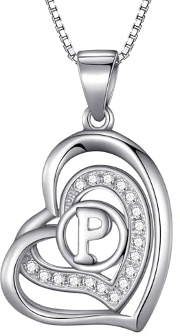 Morella damhalsband hjärta bokstav P 925 silver rodierad med zirkonia-stenar vit 46 cm