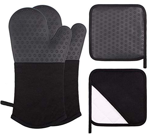 Webake Oven Mitts and Pot Holders Set of 4, 2 pcs Long Silicone Baking Oven Gloves and 2 pcs Silicone Hot Pads with Pocket for Oven Baking