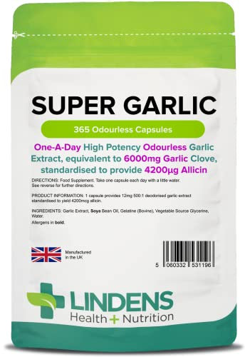 Lindens Super Garlic, 365 Odourless Capsules - High Strength 6000mg (4200mcg Allicin) - Contributes to Normal Muscle Function, Heart and Immune Health - UK Made, Letterbox Friendly