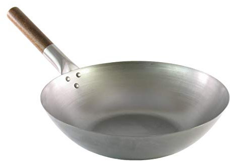 Générique Wok traditionnel en acier carbone - Qualité professionnelle - Fond plat - Manche en bois - Ø 32,5 cm