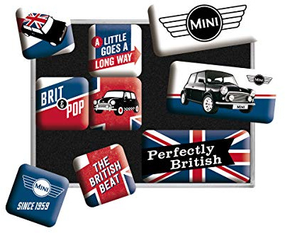 Nostalgic-Art Retro Kühlschrank-Magnete, 9 Stück, Mini – Union Jack – Geschenk-Idee für Mini Cooper Fans, Original Lizenzprodukt (OLP), Magnetset für Magnettafel, Vintage Design | Original Lizenzprodukt (OLP), Magnetset für Magnettafel, Vintage Design, Geschenk-Idee für Mini Cooper Fans