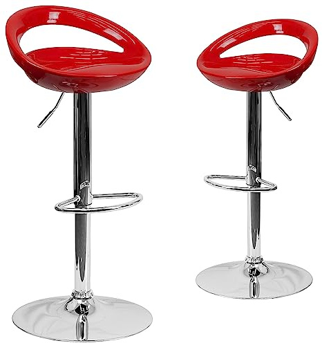 Flash Furniture 2-pack samtida plast justerbar höjd barstol med rundad utskärning baksida och krombas, ABS, metall, röd, set med 2