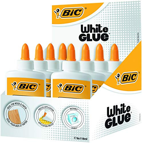 BIC flytande vitt lim – låda med 8 – 118 ml flaskor lim för papper, hantverk eller trä – tvättbar med exakt applikatorspets